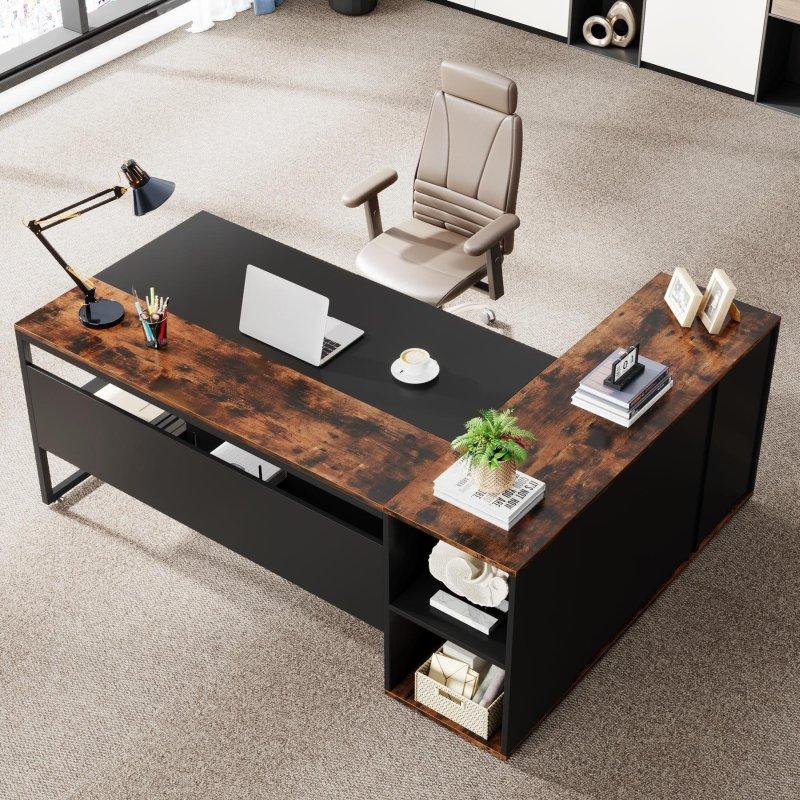 Kahverengi ve Gri Metal Ahşap L Tipi Dolaplı Ofis Masası - 180 cm - 325948