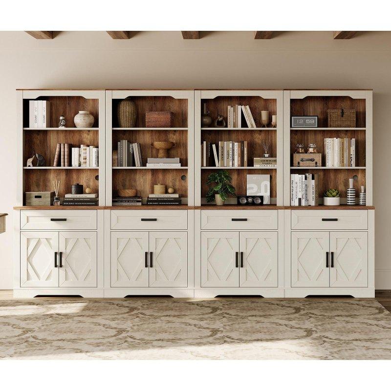 Kahverengi ve Kırık Beyaz MDF Metal 4 Sütunlu Ayarlanabilir Raflı Cam Kapaklı Kitaplık Seti - 186 cm - 239395