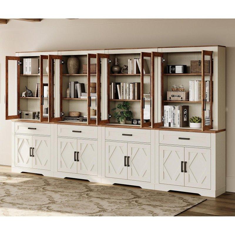 Kahverengi ve Kırık Beyaz MDF Metal 4 Sütunlu Ayarlanabilir Raflı Cam Kapaklı Kitaplık Seti - 186 cm - 239395