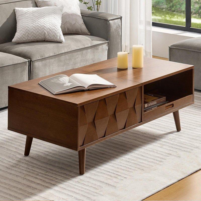 Kahverengi ve Sarı Geometrik Desenli MDF Yüksekliği Ayarlanabilir Depolama Alanlı Akıllı Sehpa - 120x60 cm - 253804