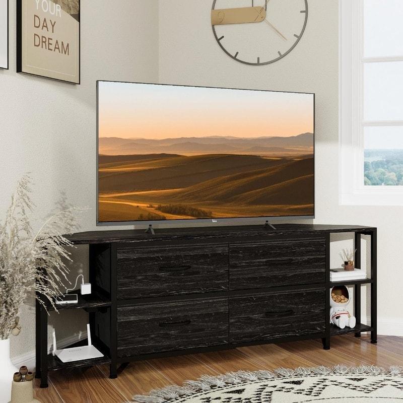 Kahverengi ve Siyah Ahşap Metal 4 Çekmeceli Dahili Prizli Köşe Tasarım Medya Şifonyeri - 141x39x51 cm - 303142