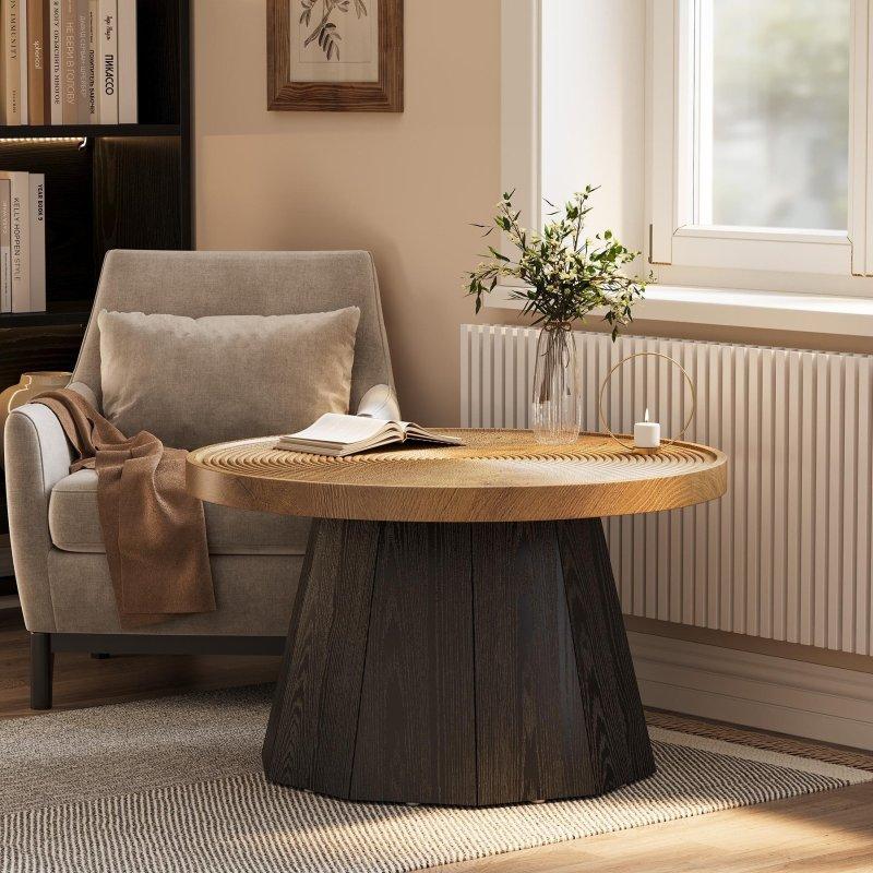 Kahverengi ve Siyah MDF Ağaç Halka Desenli Geometrik Tabanlı Yuvarlak Orta Sehpa - 81 cm - 242528