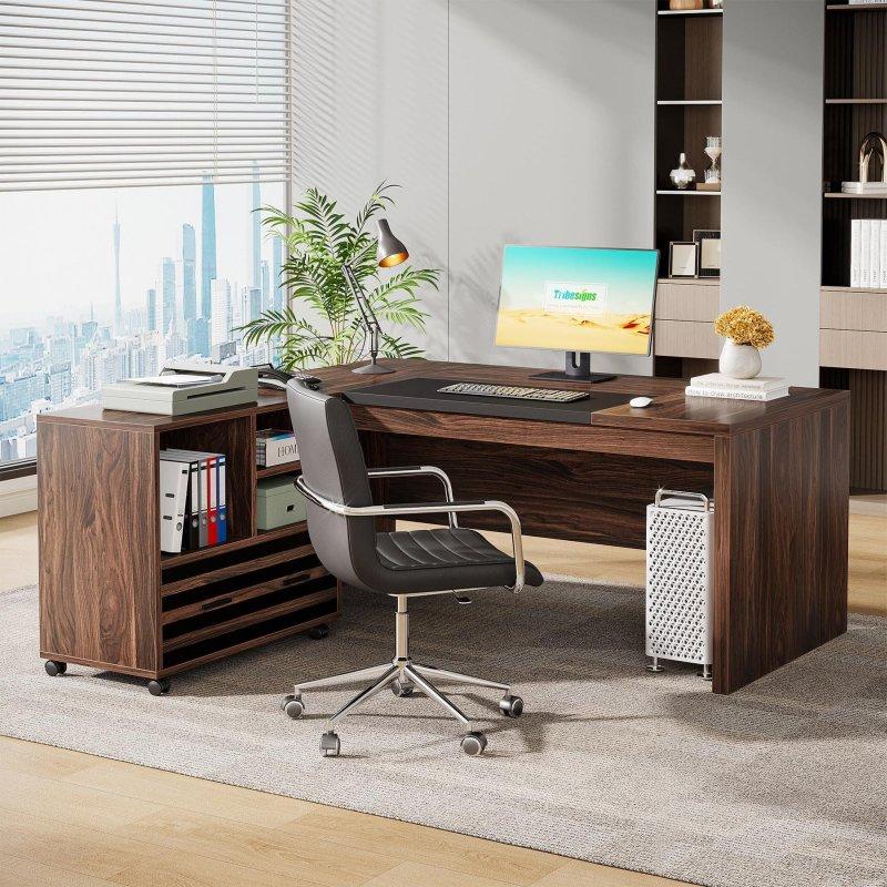 Kahverengi ve Siyah MDF L Şeklinde Tekerlekli Dosya Dolaplı Ofis Masası - 158 cm - 328217
