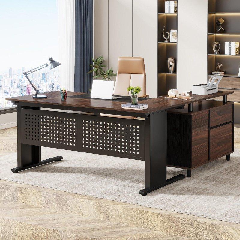 Kahverengi ve Siyah MDF L Tipi Dosya Dolaplı ve Raflı Metal Ofis Masası - 161x81 cm - 327441