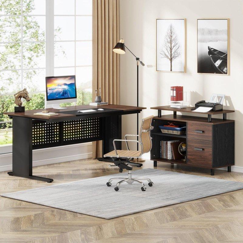 Kahverengi ve Siyah MDF L Tipi Dosya Dolaplı ve Raflı Metal Ofis Masası - 161x81 cm - 327441