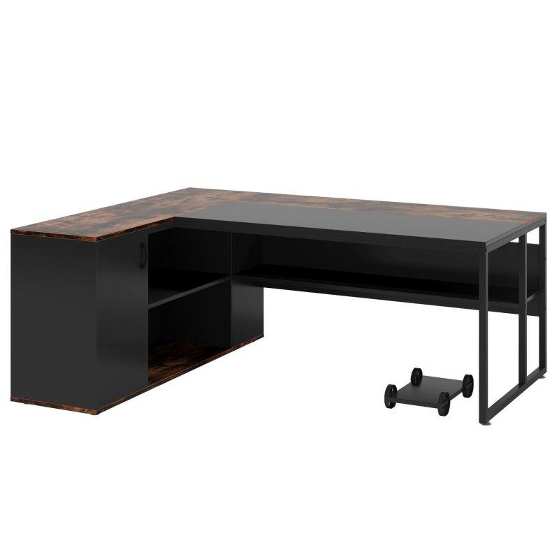 Kahverengi ve Siyah MDF L Tipi Kabinli Raflı Yönetici Ofis Masası - 181 cm - 325801
