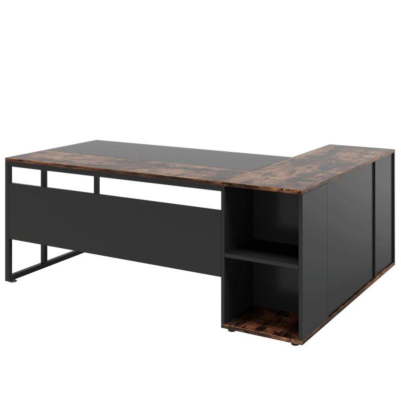Kahverengi ve Siyah MDF L Tipi Kabinli Raflı Yönetici Ofis Masası - 181 cm - 325801