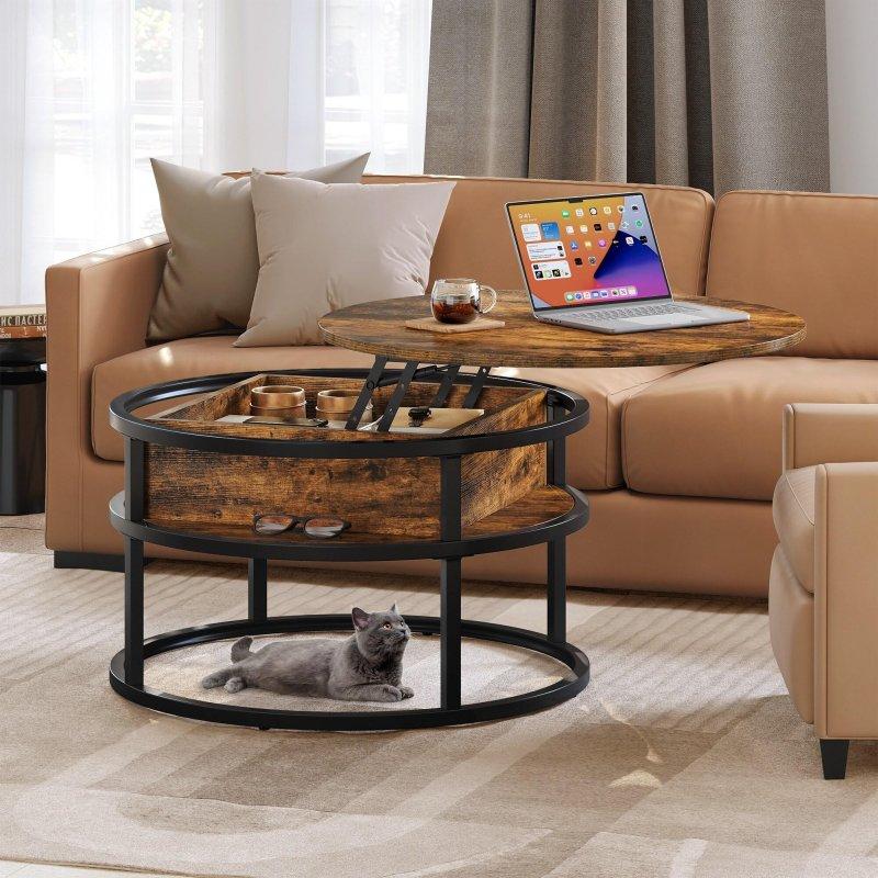 Kahverengi ve Siyah MDF Metal Asansörlü Gizli Bölmeli Yuvarlak Orta Sehpa - 81x47 cm - 242514