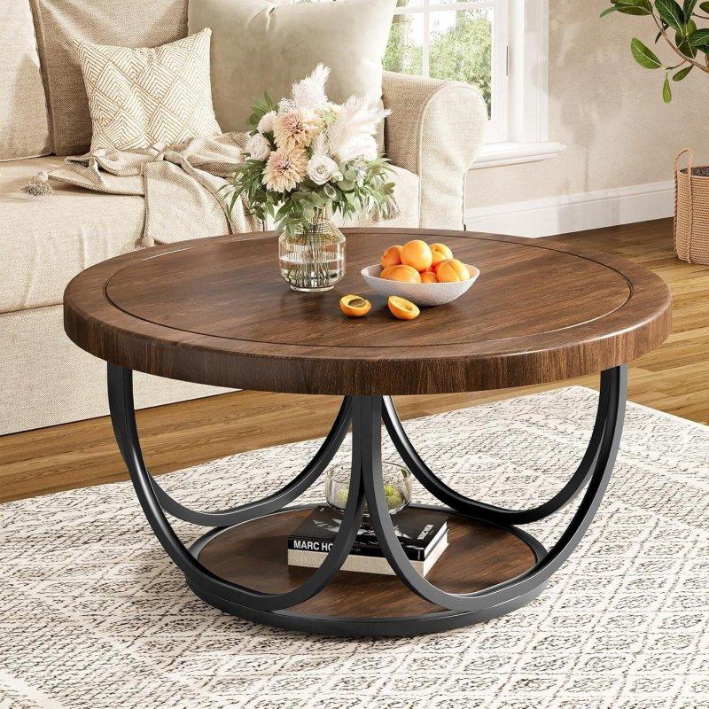 Kahverengi ve Siyah MDF Metal İki Katlı Raflı Yuvarlak Orta Sehpa - 81 cm - 242795