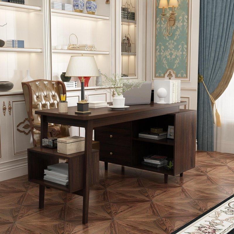 Kahverengi ve Siyah MDF Raflı Çekmeceli L Tipi Ofis Masası - 140x56 cm - 327001