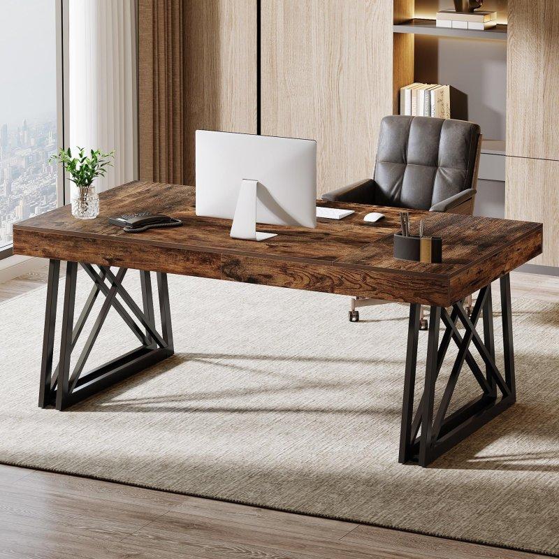 Kahverengi ve Siyah MDF ve Metal X-Şekilli Ayaklı Ofis Masası - 161x75 cm - 325885
