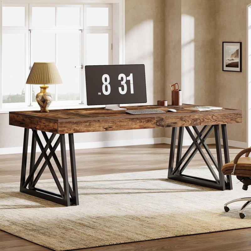 Kahverengi ve Siyah MDF ve Metal X-Şekilli Ayaklı Ofis Masası - 161x75 cm - 325885