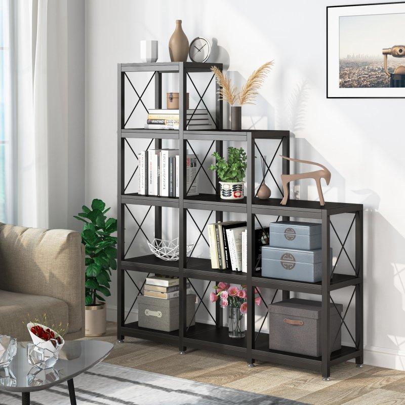Kahverengi ve Siyah Metal Ahşap 9 Küplü Kademeli Kitaplık - 116x132 cm - 319293
