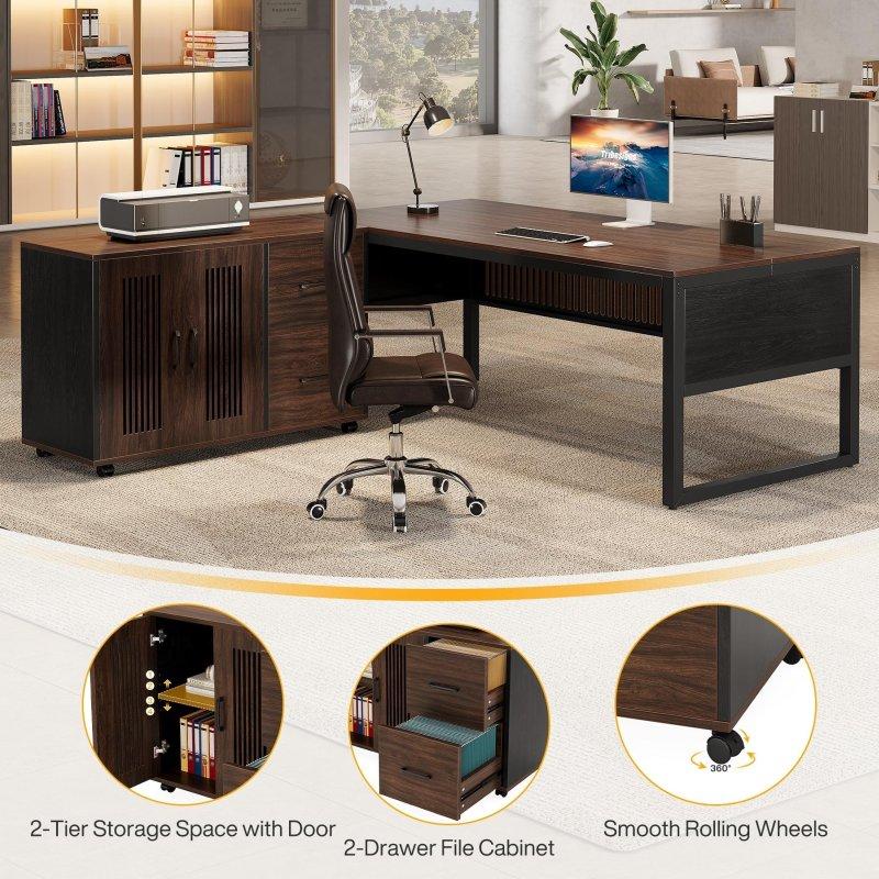 Kahverengi ve Siyah Metal Ahşap L Tipi Hareketli Dosya Dolaplı Ofis Masası - 160 cm - 327418