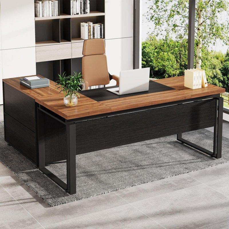 Kahverengi ve Siyah Metal Ayaklı Yönü Değiştirilebilir Dosya Dolaplı L Tipi Ofis Masası - 161 cm - 326312