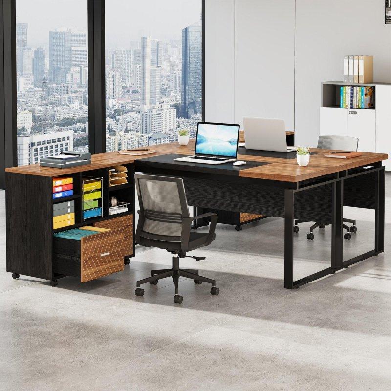 Kahverengi ve Siyah Metal Ayaklı Yönü Değiştirilebilir Dosya Dolaplı L Tipi Ofis Masası - 161 cm - 326312