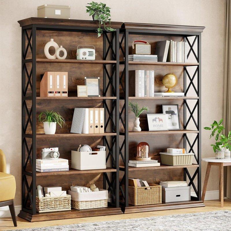 Kahverengi ve Siyah Metal Çerçeveli 6 Raflı X Desenli 2li Set Kitaplık - 84x33x181 cm - 315714
