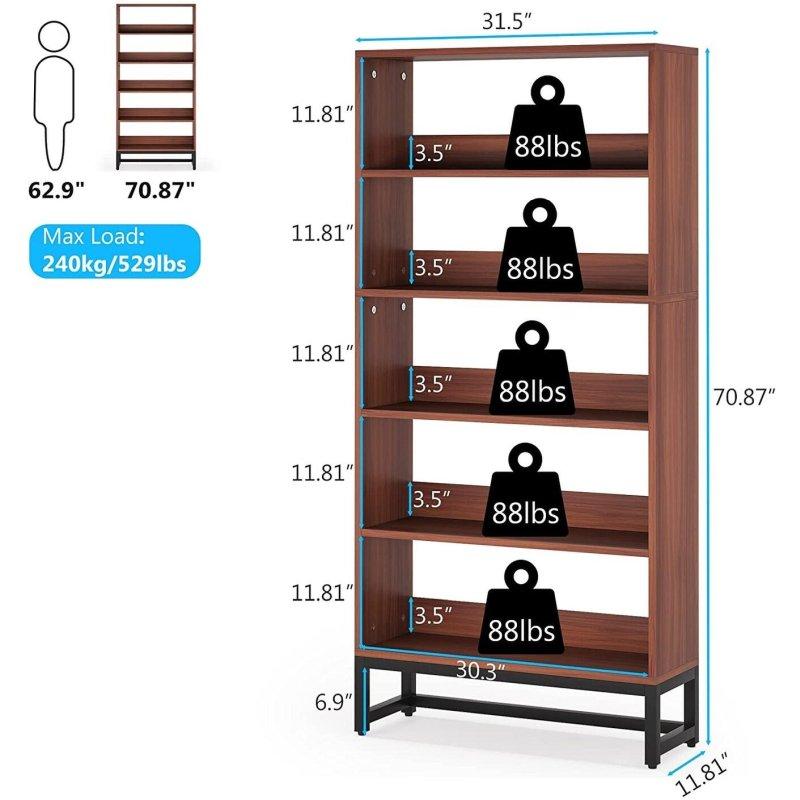 Kahverengi ve Siyah Metal İskeletli 5 Raflı Endüstriyel Kitaplık - 81x30x181 cm - 319720