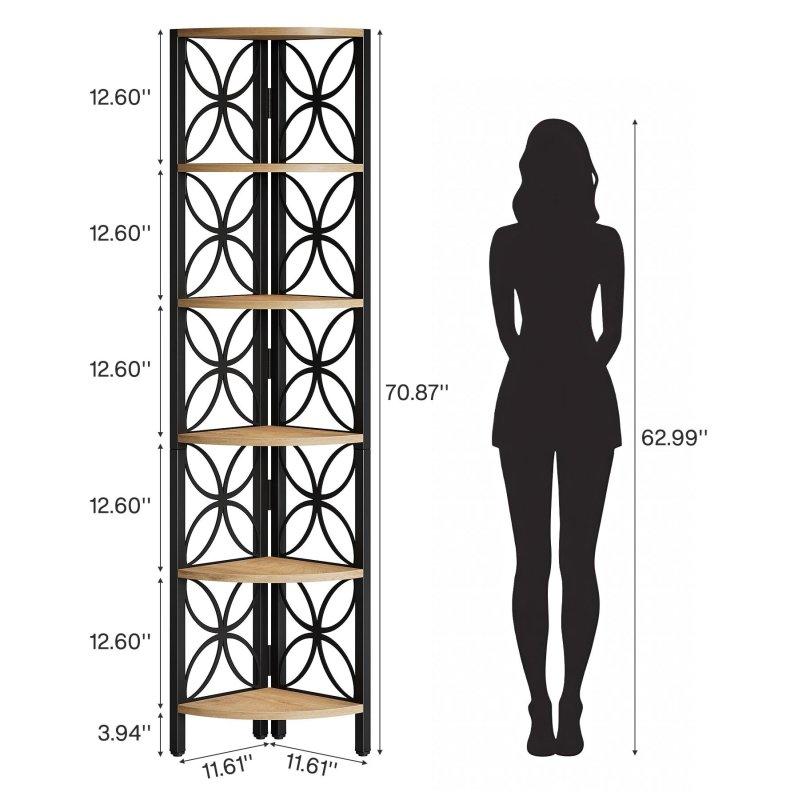 Kahverengi ve Siyah Metal MDF 6 Raflı L Şekilli Endüstriyel Köşe Kitaplık - 180 cm - 312527