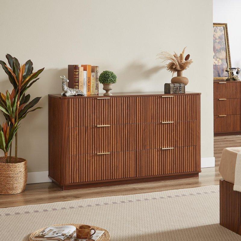 Kahverengi Yivli Kavisli 6 Çekmeceli MDF Şifonyer - 140 cm - 295994