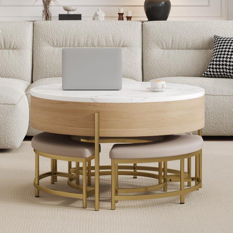 Kaldırılabilir Tablalı ve Gizli Depolamalı 3 Puflu MDF Yuvarlak Akıllı Sehpa - 81x54 cm - 254212
