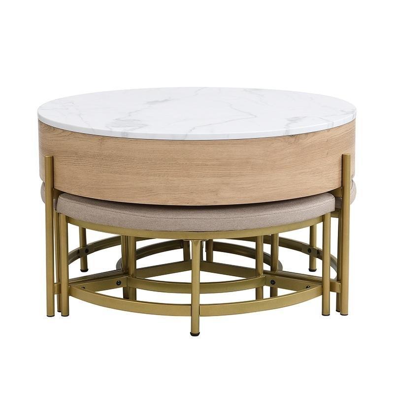 Kaldırılabilir Tablalı ve Gizli Depolamalı 3 Puflu MDF Yuvarlak Akıllı Sehpa - 81x54 cm - 254212