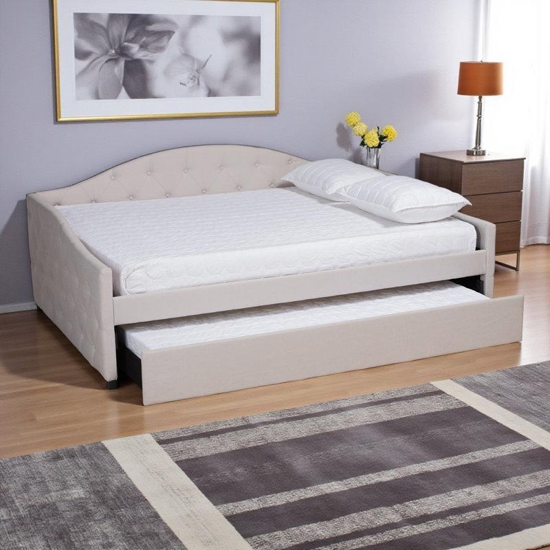 Kapitoneli Kumaş Döşemeli Masif Ahşap ve MDF Yavru Yataklı Karyola - 329004