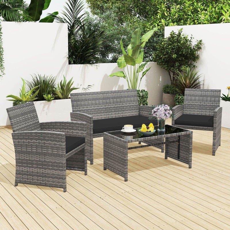 Karışık Gri PE Rattan Minderli Cam Tablalı 4 Parça Bahçe Takımı - 268225