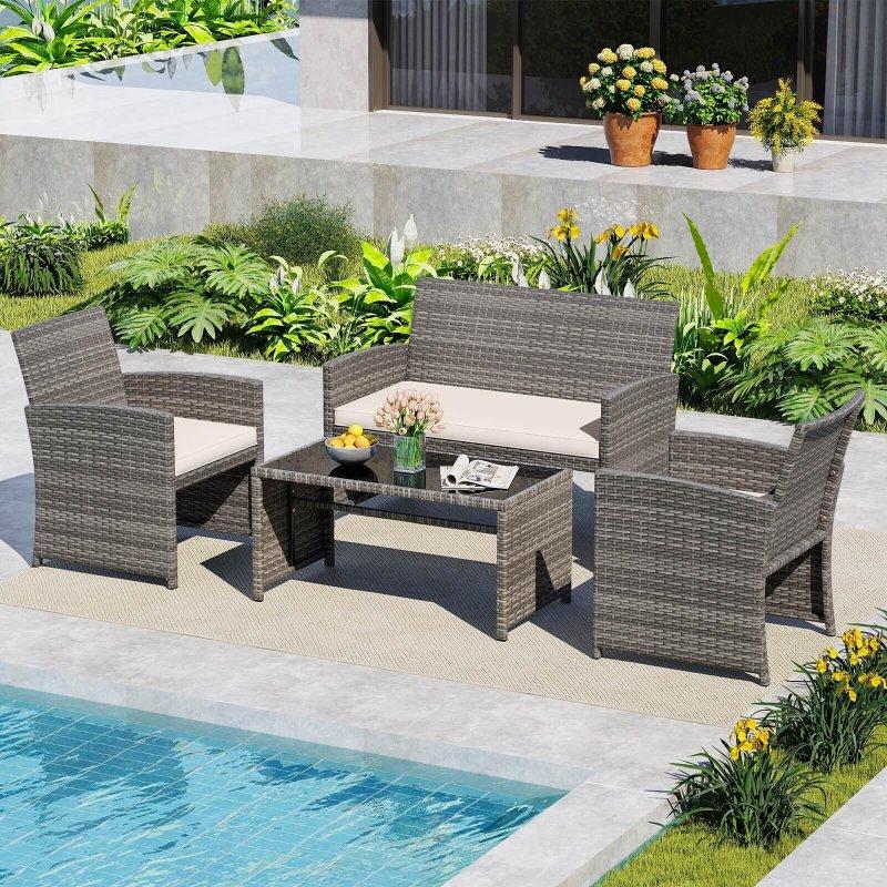 Karışık Gri PE Rattan Minderli Cam Tablalı 4 Parça Bahçe Takımı - 268225 Karışık Gri PE Rattan Minderli Cam Tablalı 4 Parça Bahçe Takımı - 268225