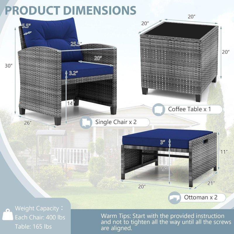 Karışık Gri Rattan Minderli ve Puflu 5 Parça Bahçe Takımı - 275155