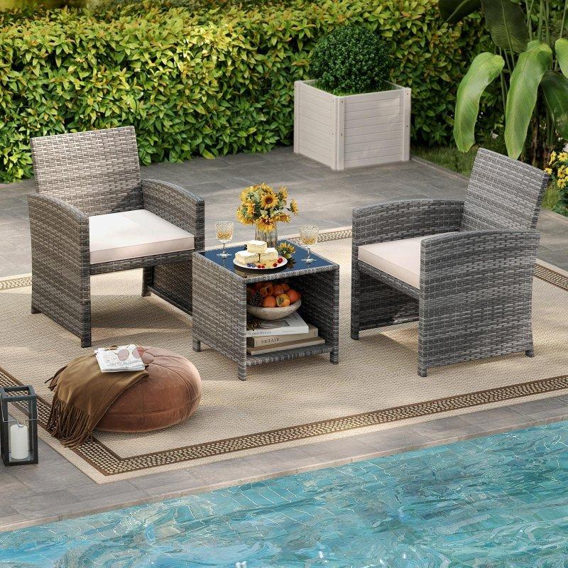 Karışık Gri Rattan ve Metal Raflı Sehpalı Bahçe Takımı - 270371