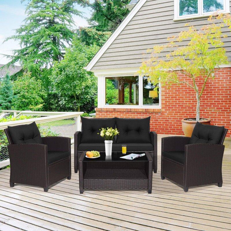 Karışık Kahverengi PE Rattan 4 Parça Raflı ve Cam Tablalı Bahçe Takımı - 267590