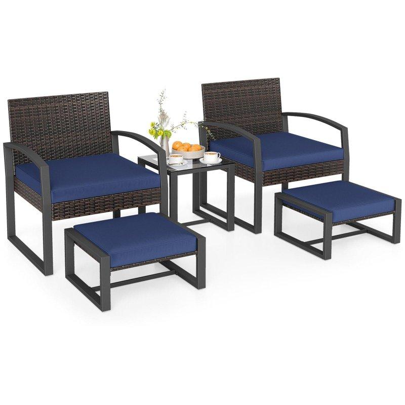 Karışık Kahverengi PE Rattan 5 Parça Minderli ve Puf Tabureli Bahçe Takımı - 272953