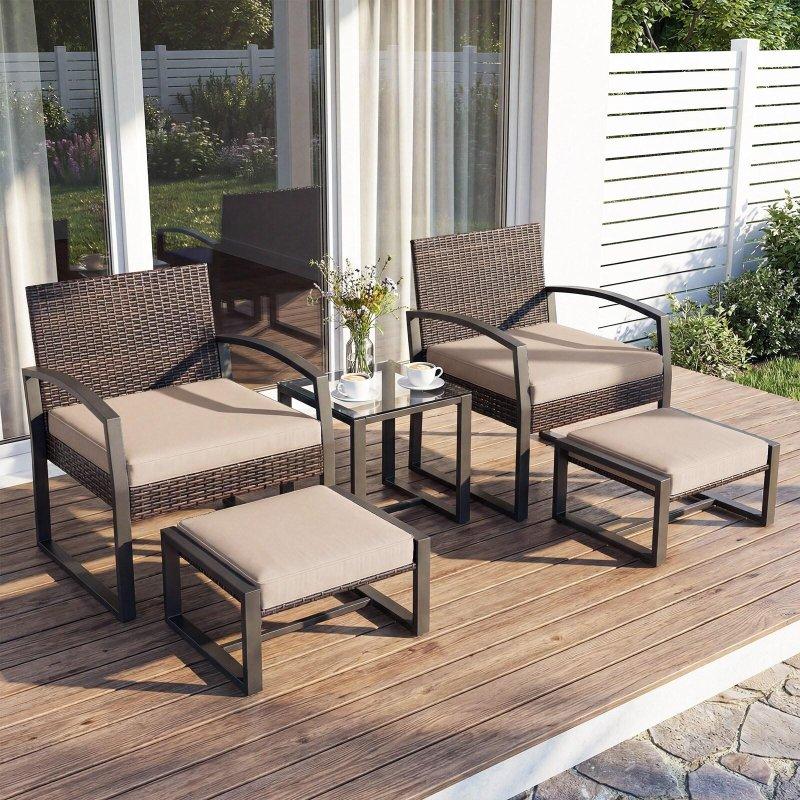Karışık Kahverengi PE Rattan 5 Parça Minderli ve Puf Tabureli Bahçe Takımı - 272953