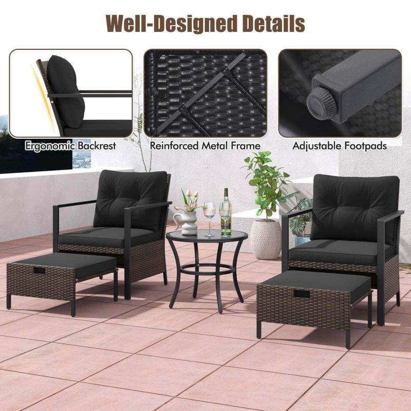 Karışık Kahverengi PE Rattan Metal Puf Tabureli 5 Parça Bahçe Takımı - 269917