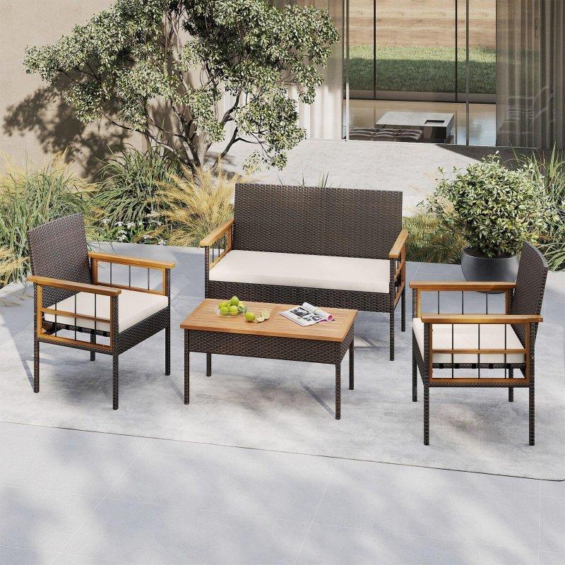 Karışık Kahverengi PE Rattan ve Akasya Ahşap 8 Parça Bahçe Takımı - 269541