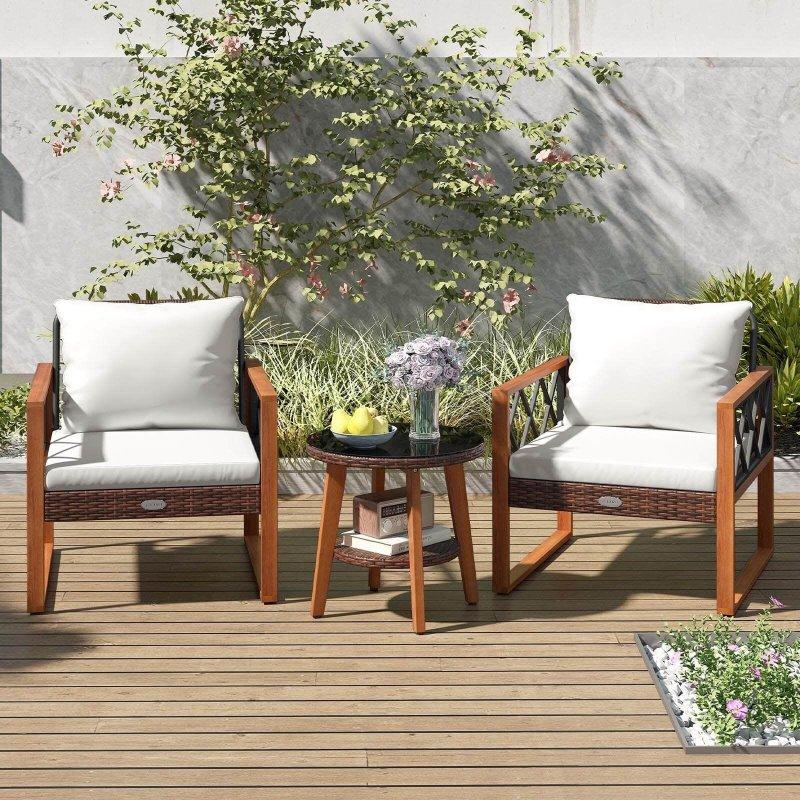 Karışık Kahverengi PE Rattan ve Akasya Ahşap Minderli 3 Parça Bahçe Takımı - 267417