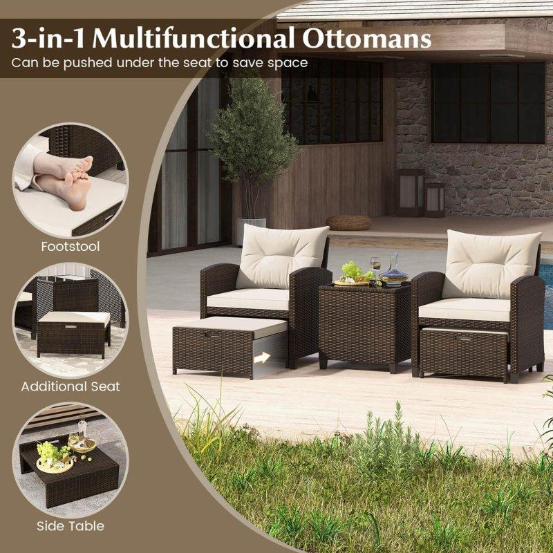 Karışık Kahverengi Rattan 5 Parça Puflu Bahçe Takımı - 270603