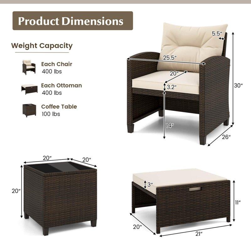 Karışık Kahverengi Rattan 5 Parça Puflu Bahçe Takımı - 270603