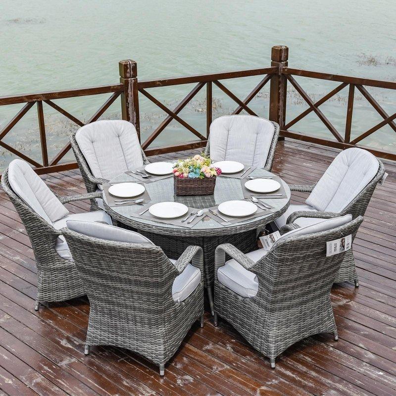Karışık Kahverengi Rattan Alüminyum Şemsiye Delikli 6 Kişilik Bahçe Yemek Masası Takımı - 252677