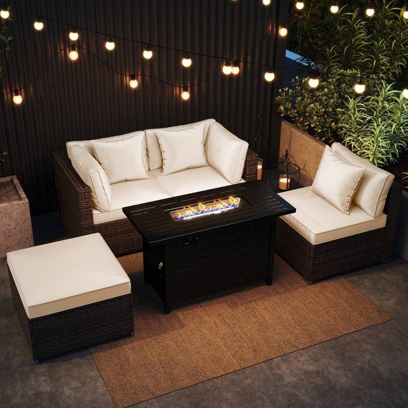 Karışık Kahverengi Rattan Ateş Çukurlu 5 Parça Modüler Bahçe Takımı - 276615