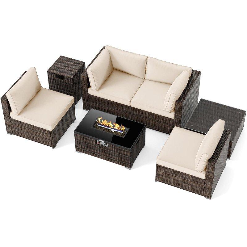 Karışık Kahverengi Rattan Metal Ateş Çukurlu 7 Parça Bahçe Takımı - 272475