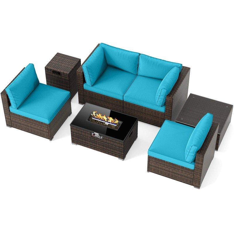 Karışık Kahverengi Rattan Metal Ateş Çukurlu 7 Parça Bahçe Takımı - 272475
