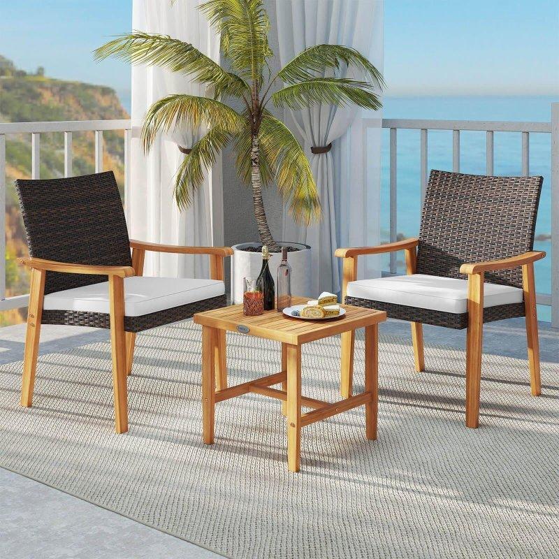 Karışık Kahverengi Rattan ve Akasya Ahşap 3 Parça Minderli Bahçe Takımı - 275612