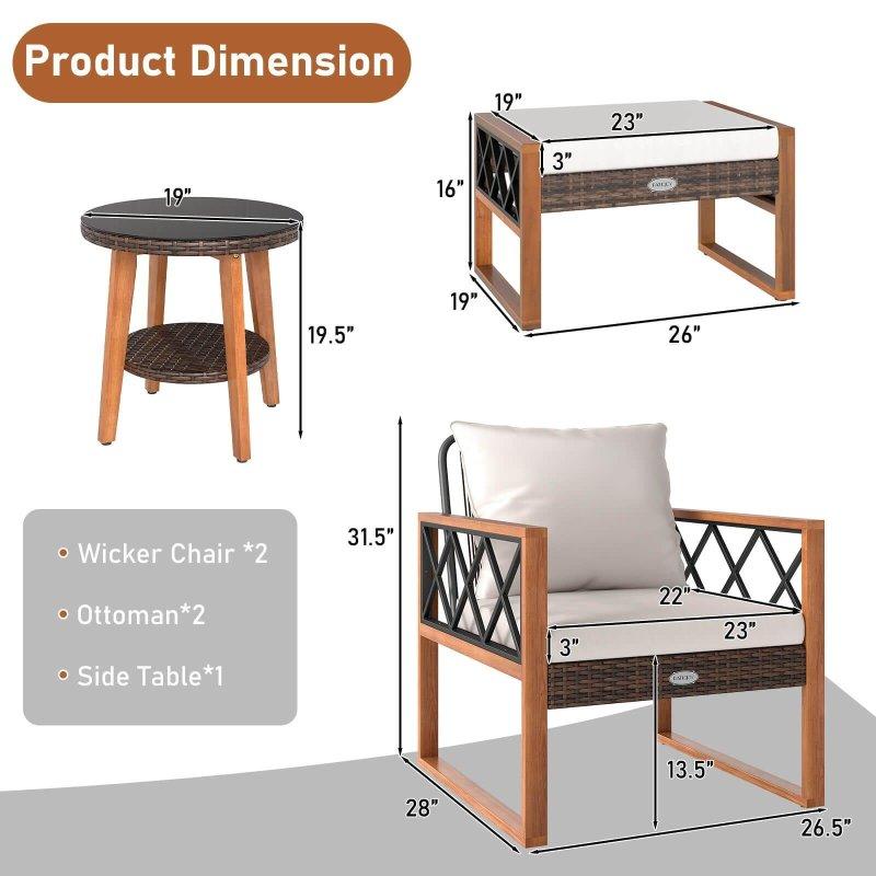 Karışık Kahverengi Rattan ve Akasya Ahşap 5 Parça Puflu Bahçe Takımı - 274372