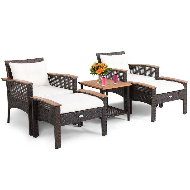 Karışık Kahverengi Rattan ve Akasya Ahşap 5 Parça Raflı Bahçe Takımı - 271580