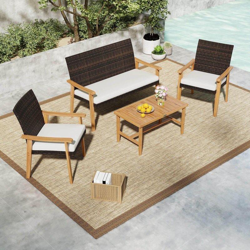 Karışık Kahverengi Rattan ve Akasya Ahşap 8 Parça 8 Kişilik Minderli Bahçe Takımı - 267689