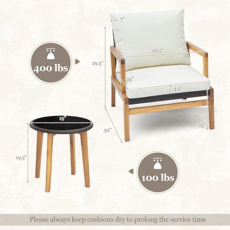 Karışık Kahverengi Rattan ve Akasya Ahşap Minderli 3 Parça Bahçe Takımı - 275074