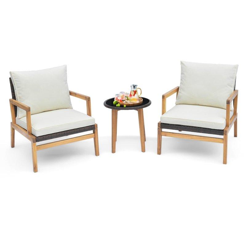 Karışık Kahverengi Rattan ve Akasya Ahşap Minderli 3 Parça Bahçe Takımı - 275074
