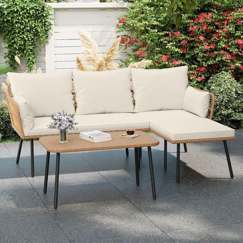 Karışık Sarı Rattan L Şekilli 3 Parça Orta Sehpalı Bahçe Takımı - 272681